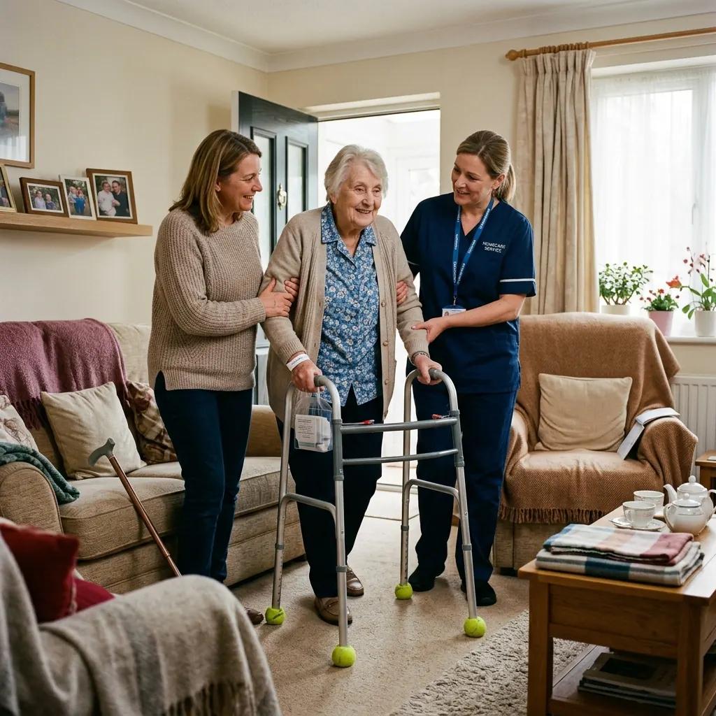 Professional caregiver assisting an older adult in their home