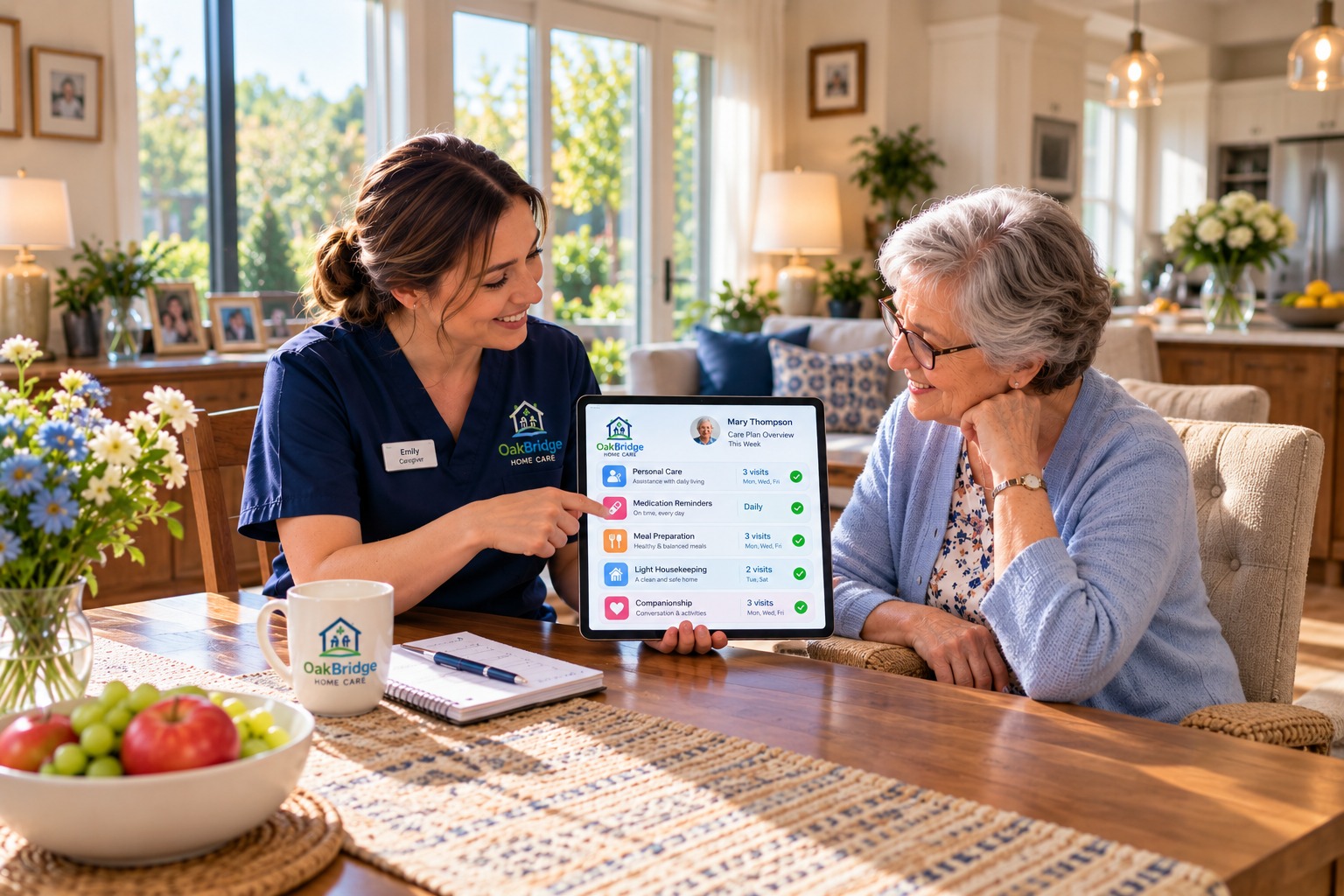 Senior woman receiving support from a professional caregiver at home